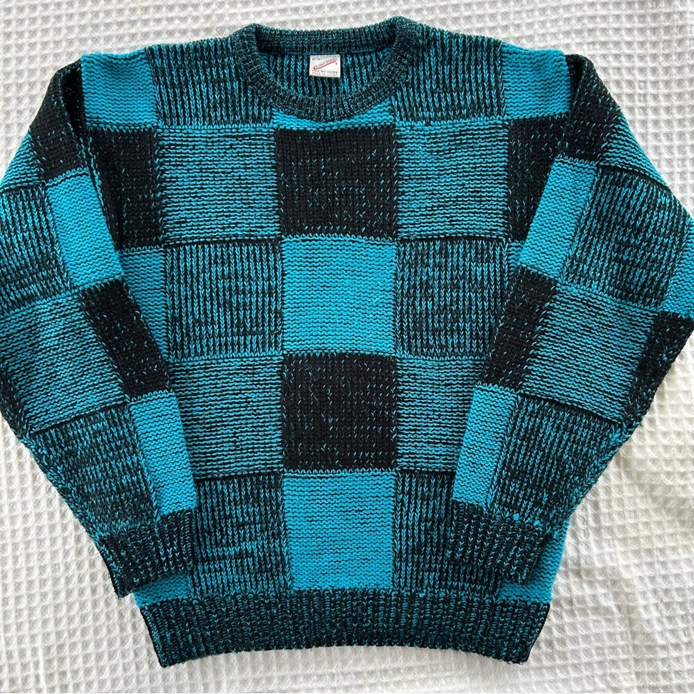 Vintage Grandpa Sweater Medium Crewneck Pullover 90s Checkered Eclectic Grandpa